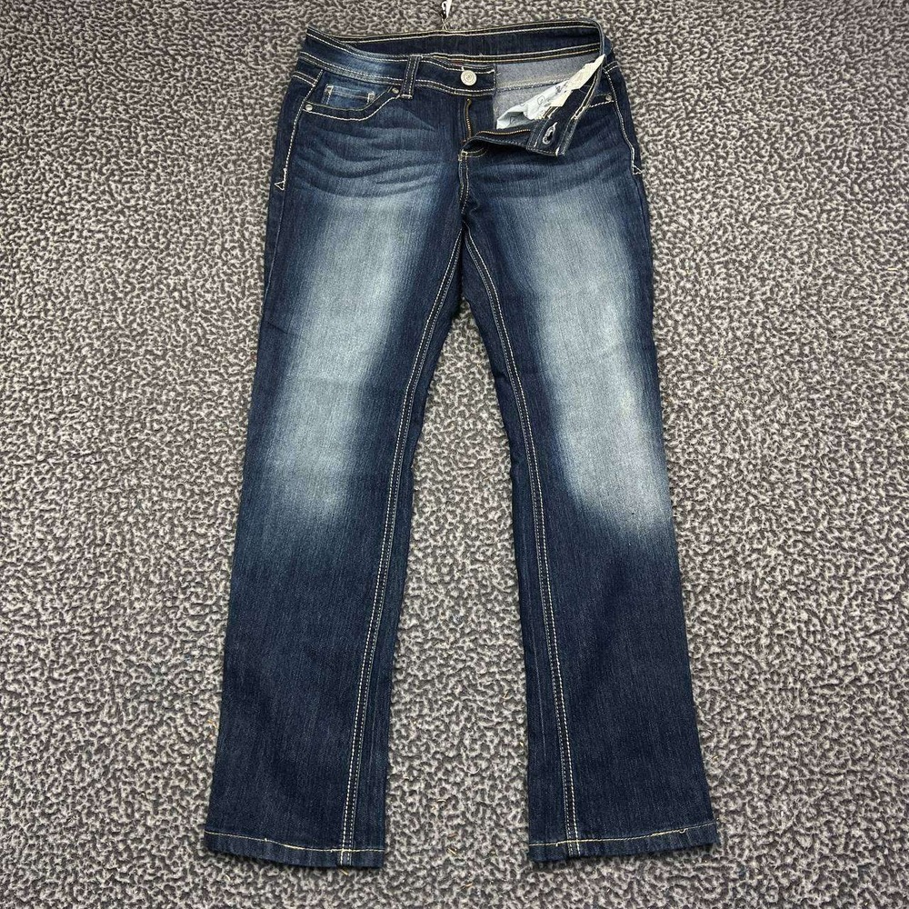 LEI Bootcut Jeans Women 7 Short Dark Wash Denim Stretch Low Rise Flap